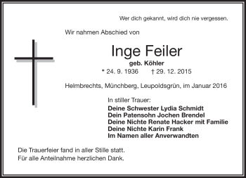 Traueranzeige von Inge Feiler von Frankenpost
