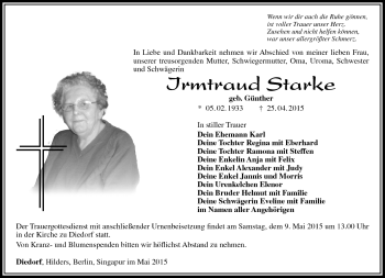 Traueranzeige von Irmgard Starke von Südthüringer Presse