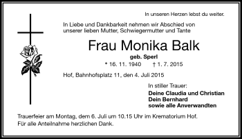 Traueranzeige von Monika Balk von Frankenpost