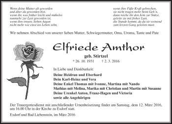 Traueranzeige von Elfriede Amthor von Südthüringer Presse