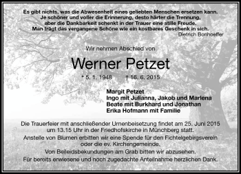 Traueranzeige von Werner Petzet von Frankenpost