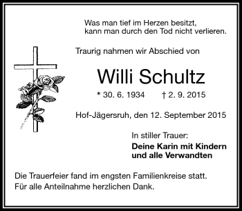 Traueranzeige von Willi Schultz von Frankenpost
