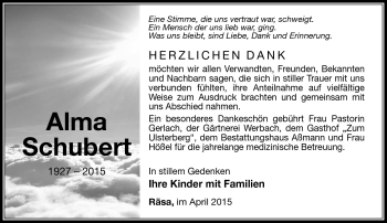 Traueranzeige von Alma Schubert von Südthüringer Presse