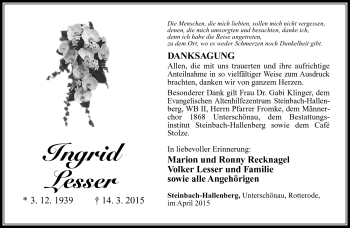 Traueranzeige von Ingrid Lesser von Südthüringer Presse