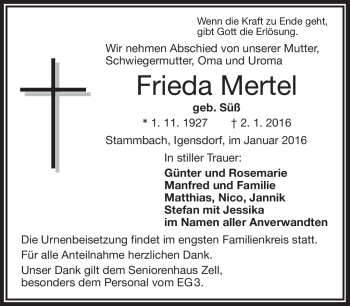 Traueranzeige von Frieda Mertel von Frankenpost
