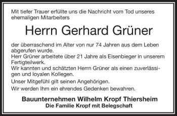 Traueranzeige von Gerhard Grüner von Frankenpost