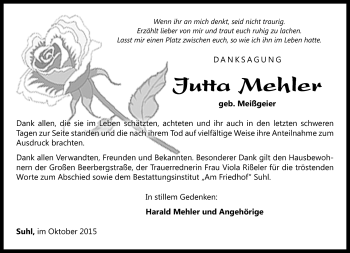Traueranzeige von Jutta Mehler von Südthüringer Presse