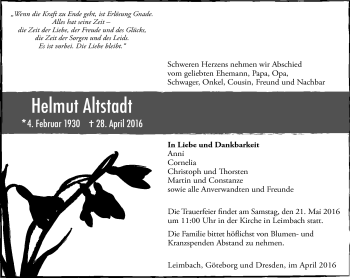 Traueranzeige von Helmut Altstadt von Südthüringer Presse