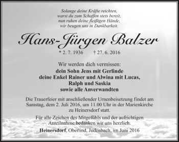 Traueranzeige von Hans-Jürgen Balzer von Südthüringer Presse