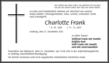 Traueranzeige von Charlotte Frank von Frankenpost