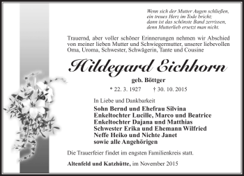 Traueranzeige von Hildegard Eichhorn von Südthüringer Presse