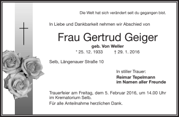 Traueranzeige von Gertrud Geiger von Frankenpost