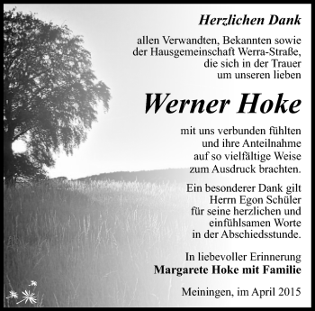 Traueranzeige von Werner Hoke von Südthüringer Presse