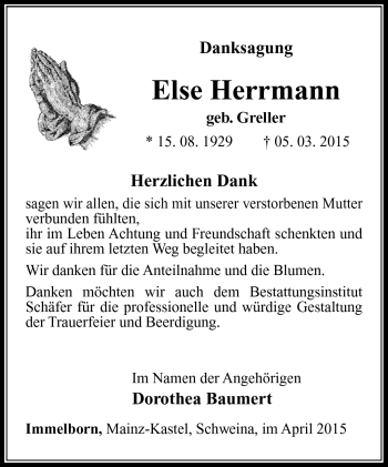Traueranzeige von Else Herrmann von Südthüringer Presse