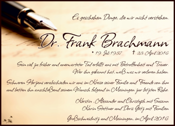 Traueranzeige von Frank Brachmann von Südthüringer Presse