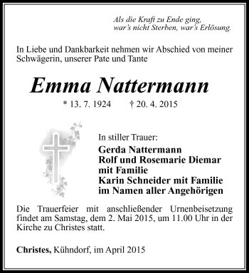 Traueranzeige von Emma Nattermann von Südthüringer Presse