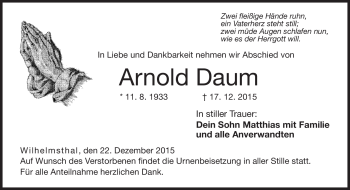 Traueranzeige von Arnold Daum von Neue Presse Coburg