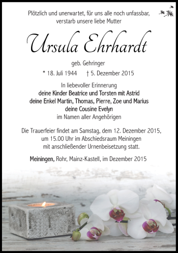 Traueranzeige von Ursula Ehrhardt von Südthüringer Presse