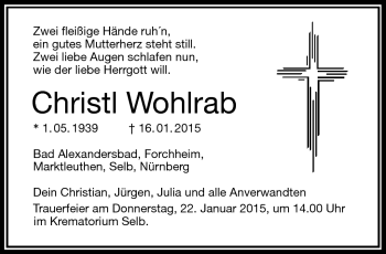 Traueranzeige von Christl Wohlrab von Frankenpost