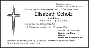 Traueranzeige von Elisabeth Scholz von Frankenpost