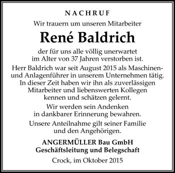 Traueranzeige von René Baldrich von Südthüringer Presse