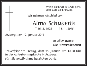 Traueranzeige von Alma Schuberth von Frankenpost