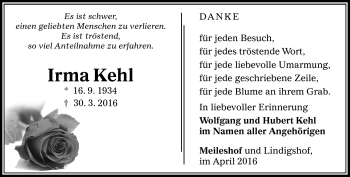 Traueranzeige von Irma Kehl von Südthüringer Presse