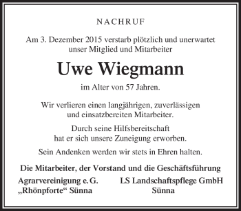 Traueranzeige von Uwe Wiegmann von Südthüringer Presse