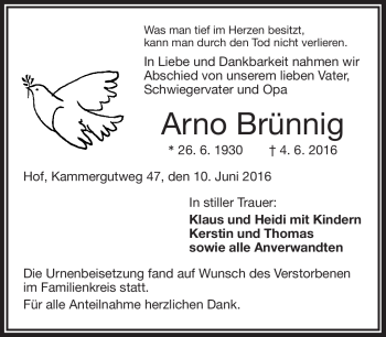 Traueranzeige von Arno Brünnig von Frankenpost
