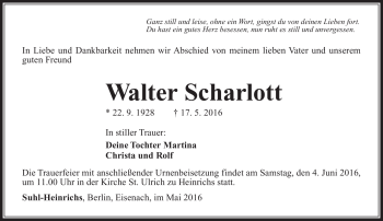 Traueranzeige von Walter Scharlott von Südthüringer Presse