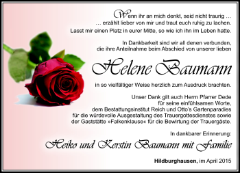 Traueranzeige von Helene Baumann von Südthüringer Presse