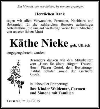Traueranzeige von Käthe Nieke von Südthüringer Presse