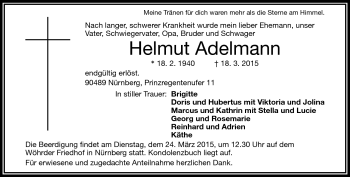 Traueranzeige von Helmut Adelmann von Frankenpost