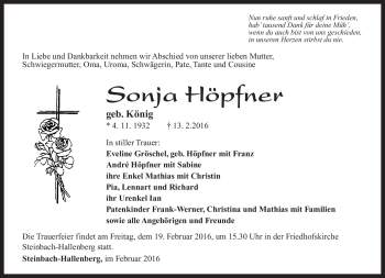 Traueranzeige von Sonja Höpfner von Südthüringer Presse