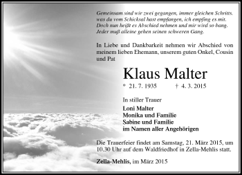 Traueranzeige von Klaus Malter von Südthüringer Presse