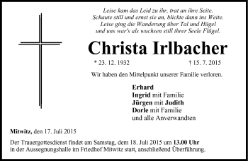 Traueranzeige von Christa Irlbacher von Neue Presse Coburg