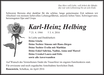 Traueranzeige von Karl Helbing von Südthüringer Presse
