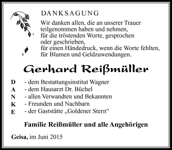 Traueranzeige von Gerhard Reißmüller von Südthüringer Presse