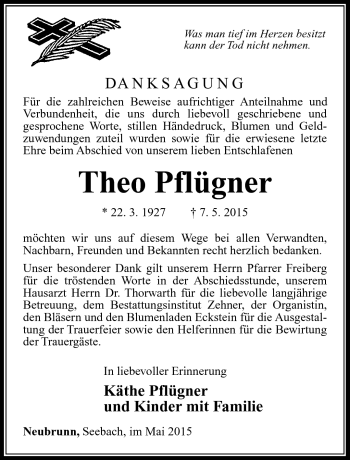 Traueranzeige von Theo Pflügner von Südthüringer Presse