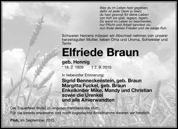 Traueranzeige von Elfriede Braun von Südthüringer Presse