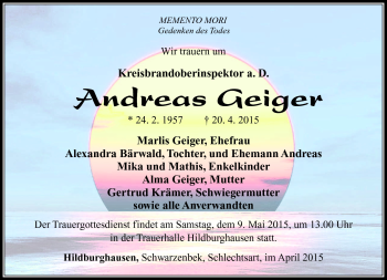 Traueranzeige von Andreas Geiger von Südthüringer Presse