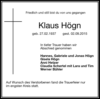 Traueranzeige von Klaus Högn von Frankenpost