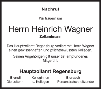 Traueranzeige von Heinrich Wagner von Neue Presse Coburg