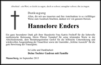 Traueranzeige von Hannelore Enders von Südthüringer Presse