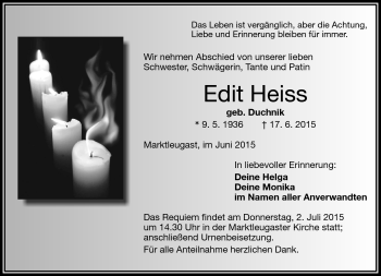 Traueranzeige von Edit Heiss von Frankenpost