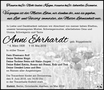 Traueranzeige von Anni Ehrhardt von Südthüringer Presse