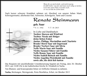 Traueranzeige von Renate Steinmann von Südthüringer Presse