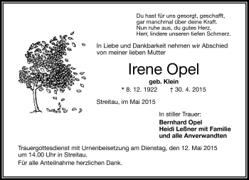 Traueranzeige von Irene Opel von Frankenpost