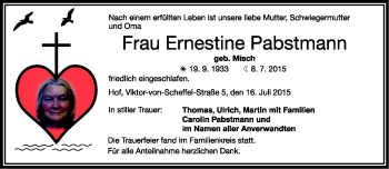 Traueranzeige von Ernestine Pabstmann von Frankenpost