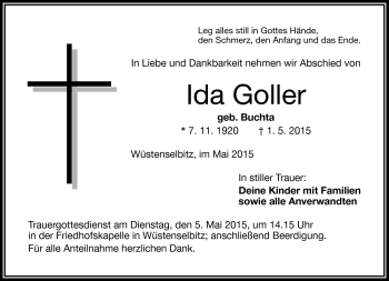 Traueranzeige von Ida Goller von Frankenpost